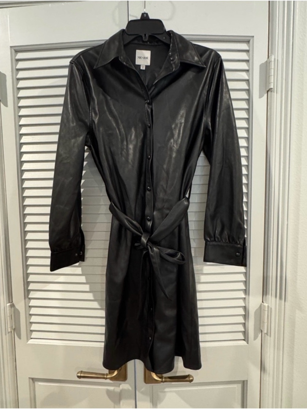 NIC+ZOE Black Faux Leather Button-Front Dress Coat with Tie Belt